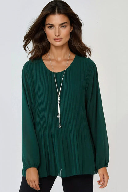 Green Pleated Long Sleeve Blouse With Necklace