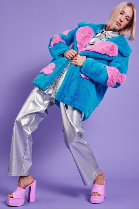 Blue Eco Bamboo Faux Fur Coat with Love Heart Detailing